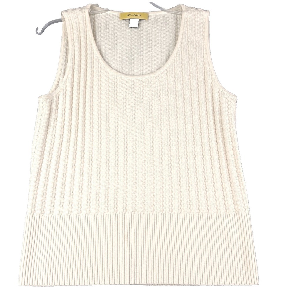 St. John Size M Cream 100% Wool Sleeveless Knit Top Scoop Neck Pointelle Ribbed